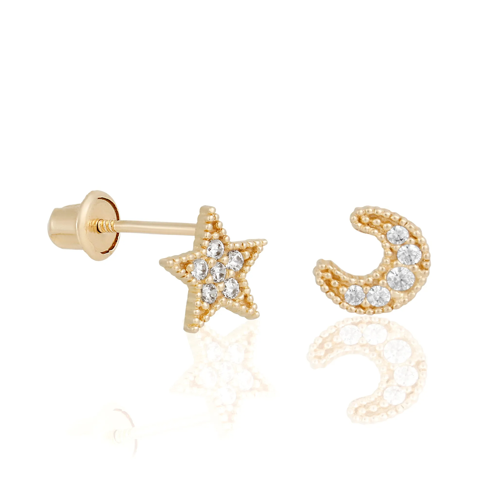 14k Fine My Moon and Stars Stud Earrings