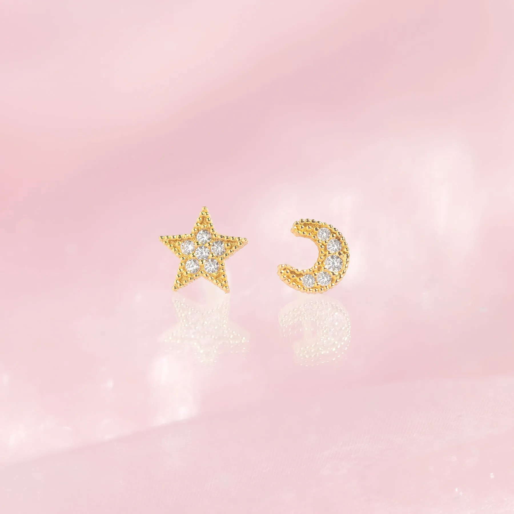 14k Fine My Moon and Stars Stud Earrings