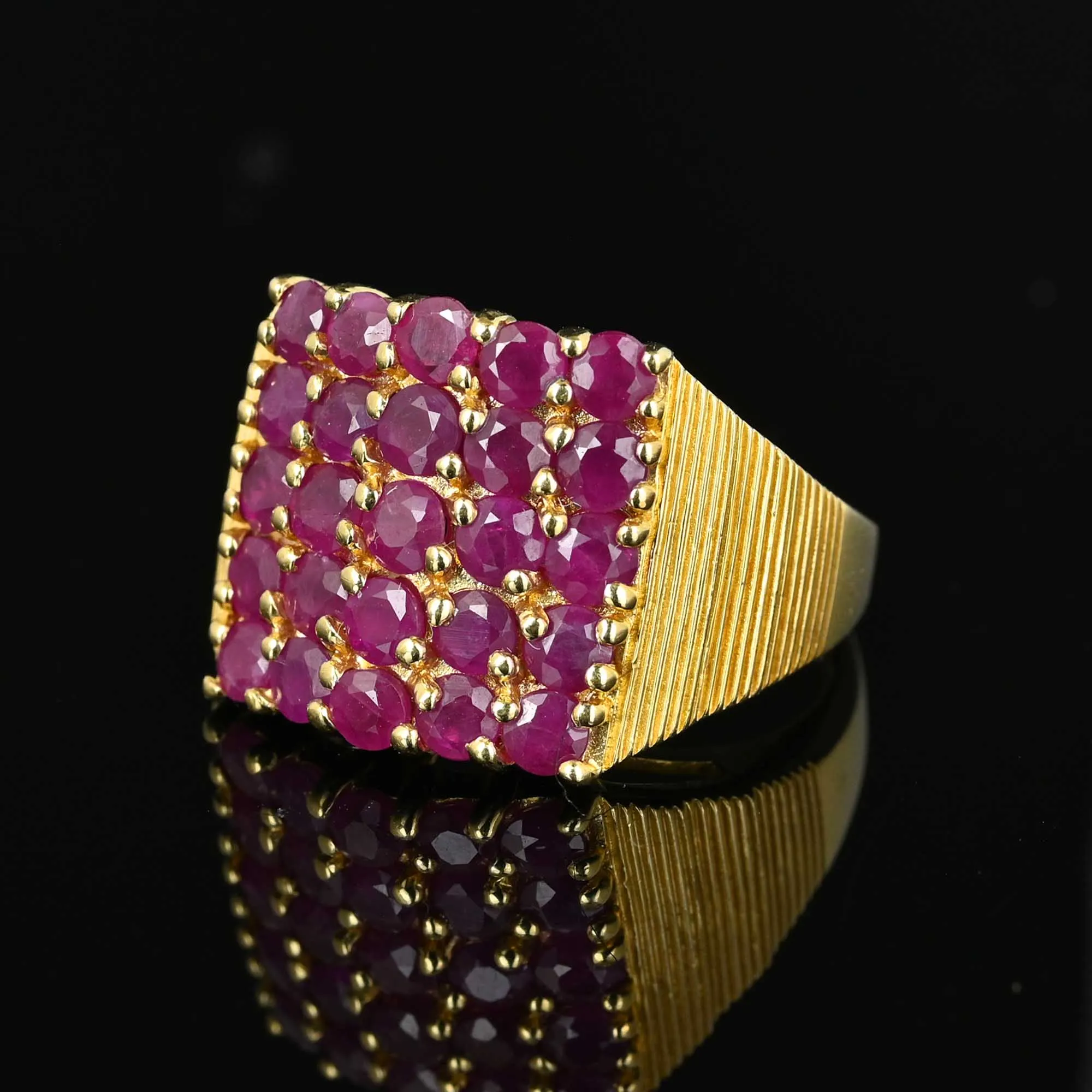 14K Gold Checkerboard Five Row Ruby Cluster Ring