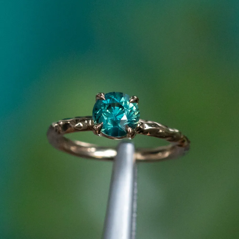 1.55ct Round Deep Teal Madagascar Evergreen Solitaire in 14k Yellow Gold