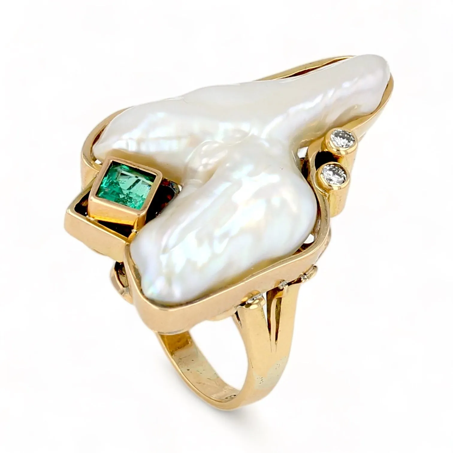 18K Yellow gold Angel shape Japanese Keshi pearl emerald and diamonds ring-21920