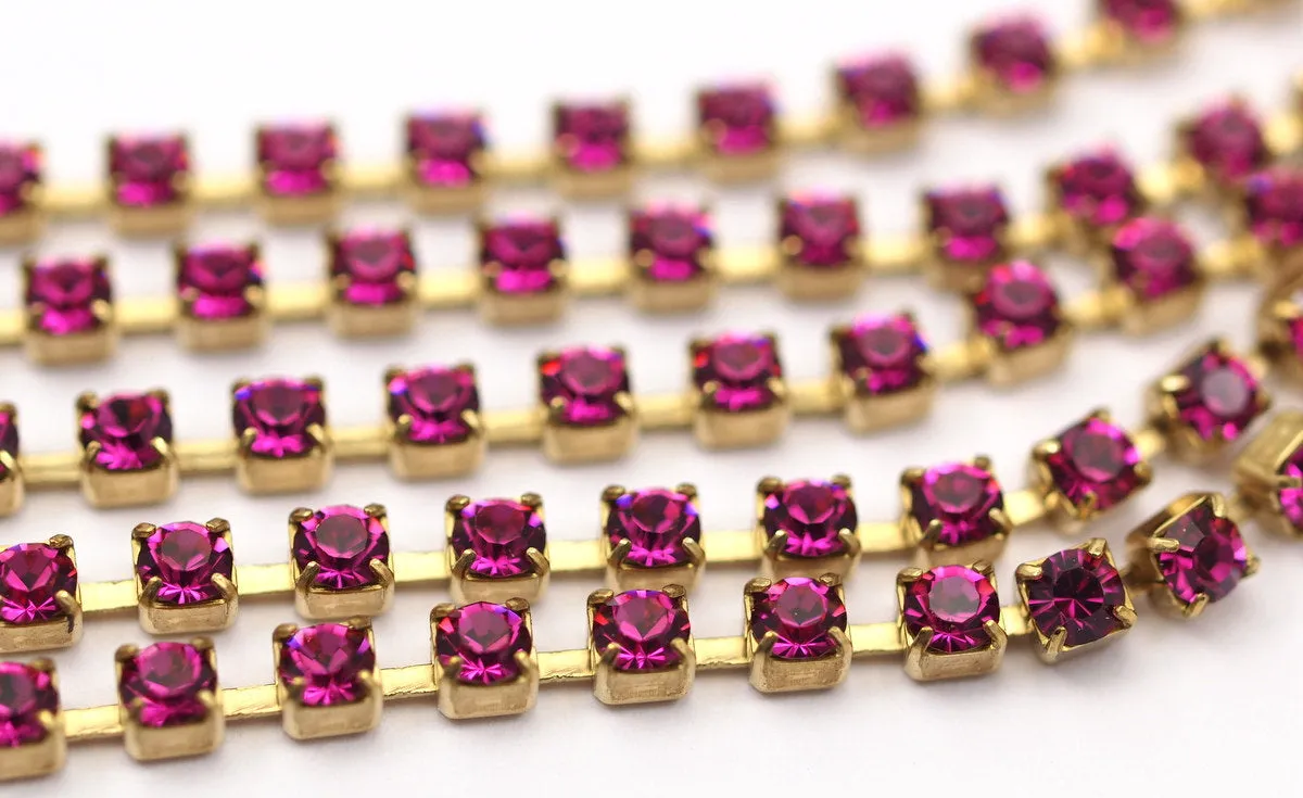 3 Feet Vintage 3 Mm Fuchsia Crystal Rhinestone Chain With Brass Frame - Made In Austria Ac524