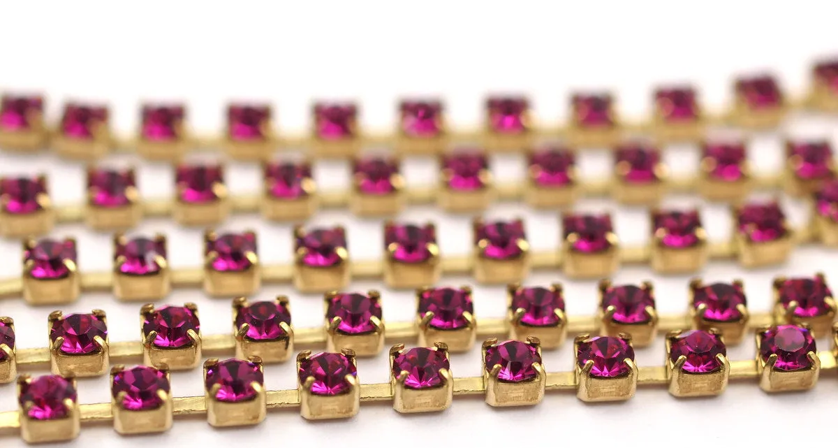 3 Feet Vintage 3 Mm Fuchsia Crystal Rhinestone Chain With Brass Frame - Made In Austria Ac524