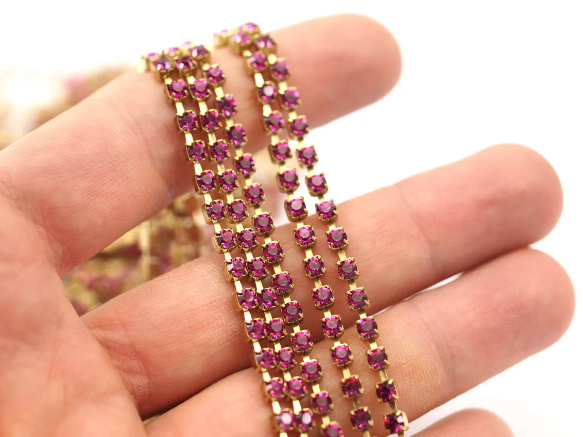 3 Feet Vintage 3 Mm Fuchsia Crystal Rhinestone Chain With Brass Frame - Made In Austria Ac524