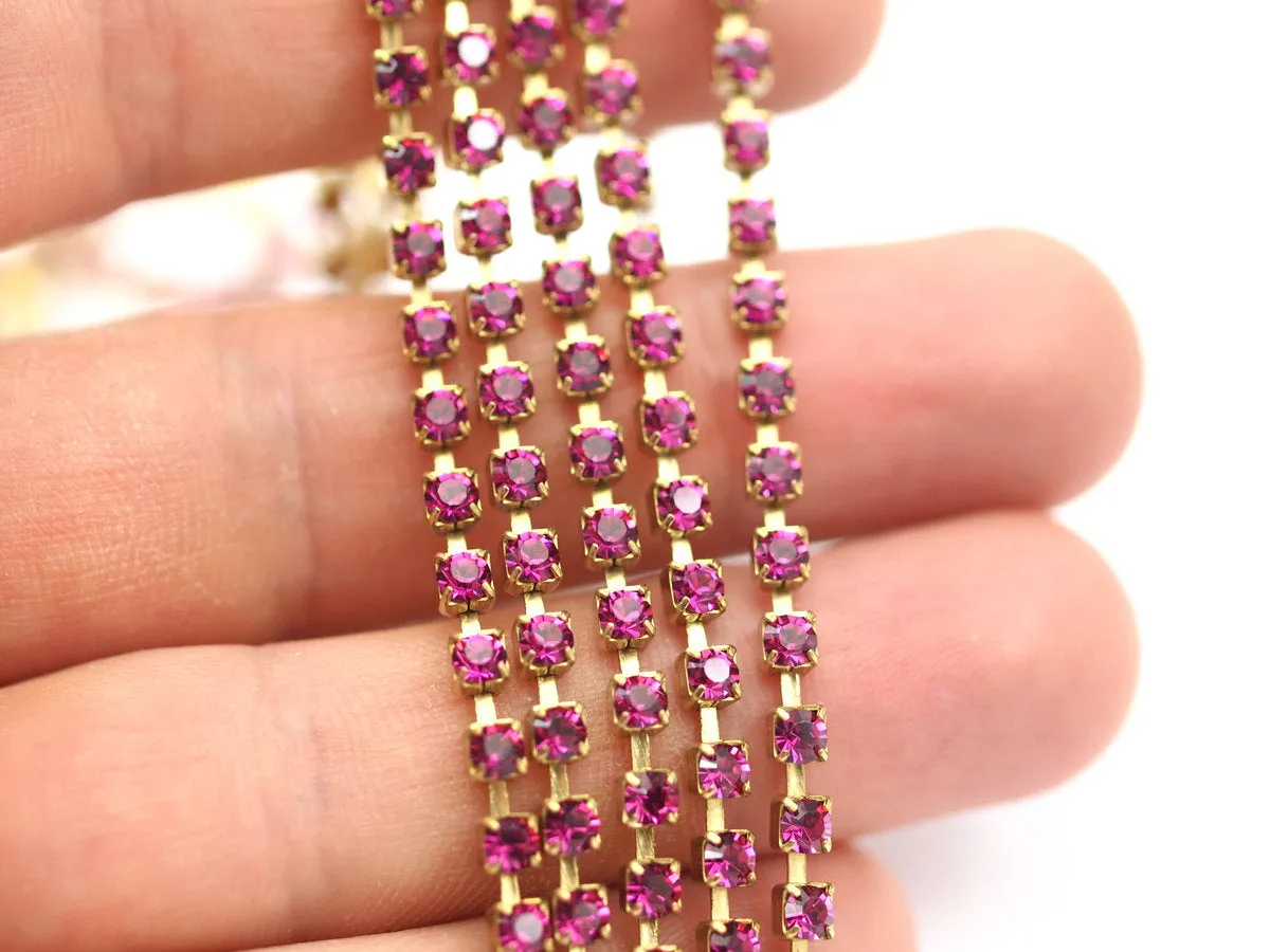 3 Feet Vintage 3 Mm Fuchsia Crystal Rhinestone Chain With Brass Frame - Made In Austria Ac524