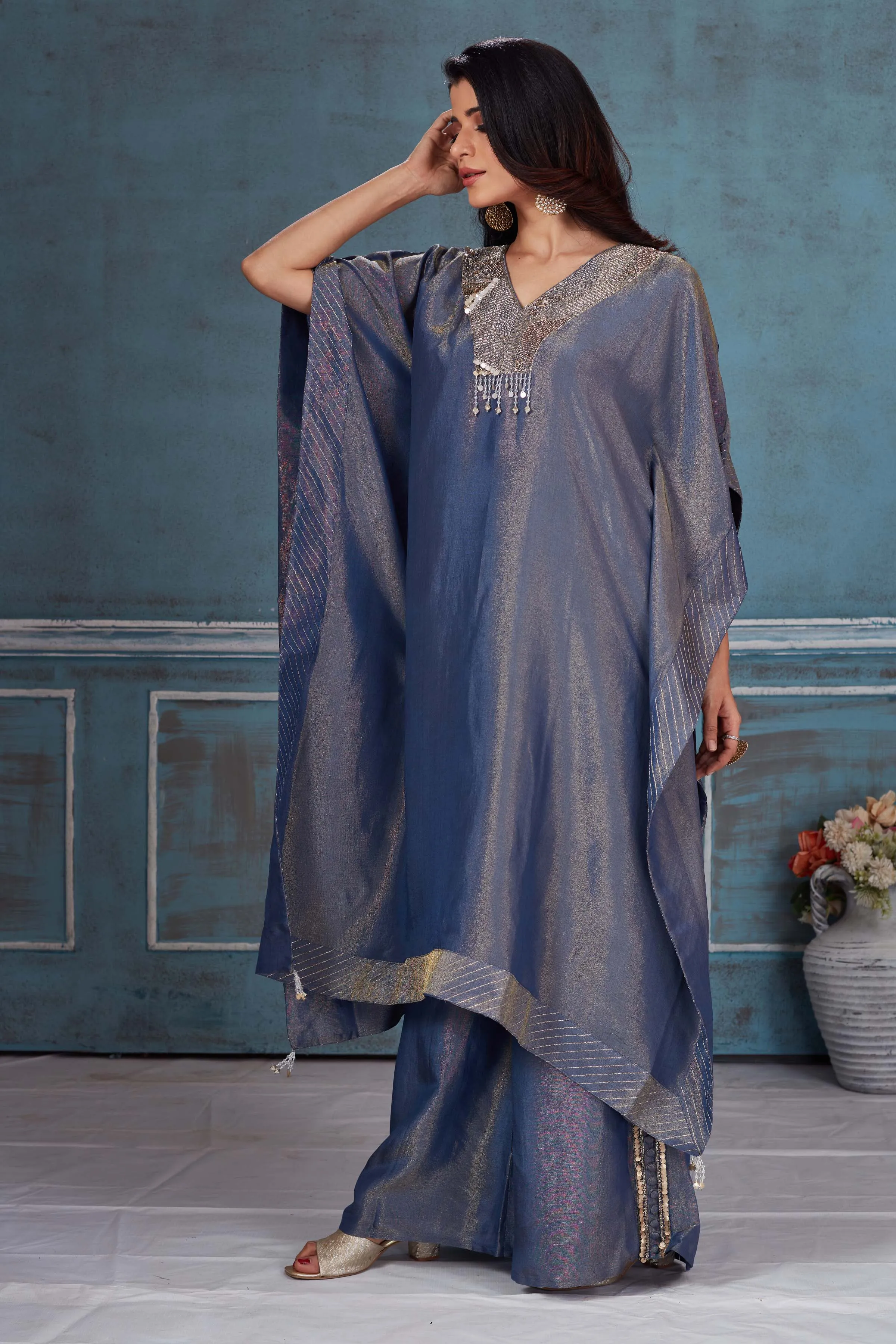 52A163 Blue Embroidered Tissue Georgette Kaftan Pant Set