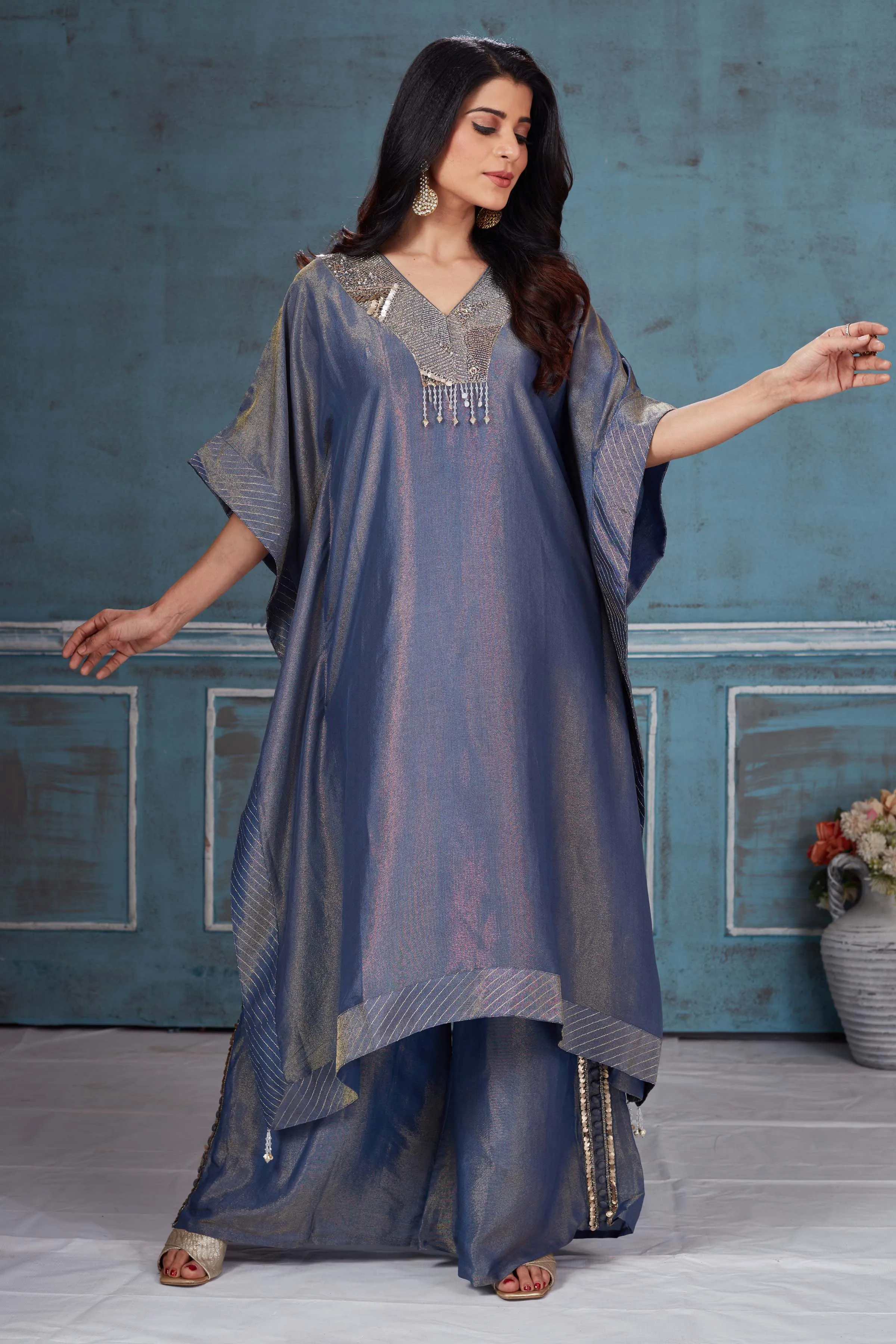 52A163 Blue Embroidered Tissue Georgette Kaftan Pant Set