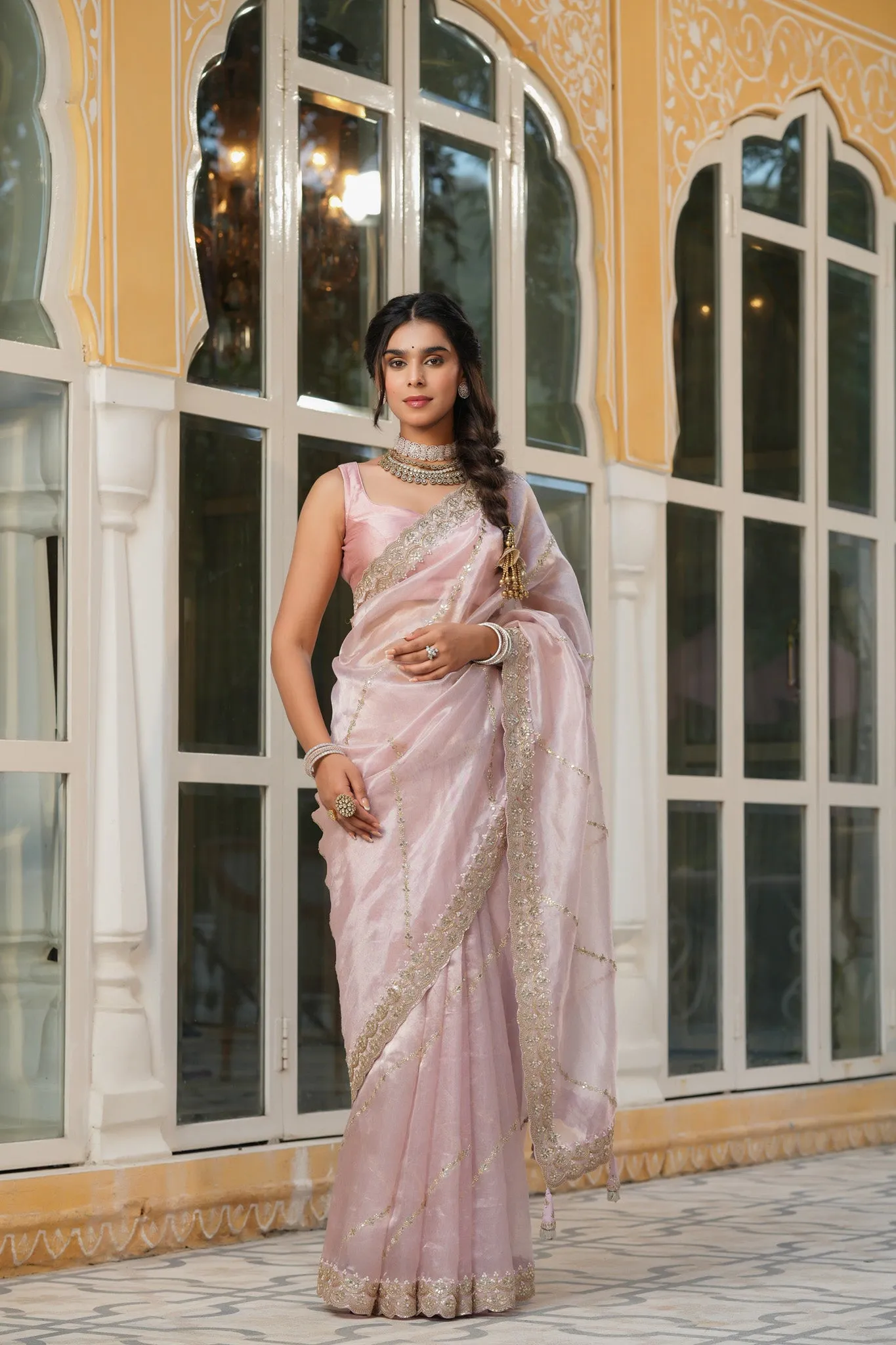 90Z736-RO Powder Pink Embroidered Organza Silk Saree