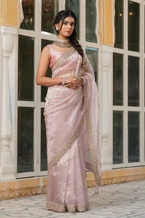 90Z736-RO Powder Pink Embroidered Organza Silk Saree