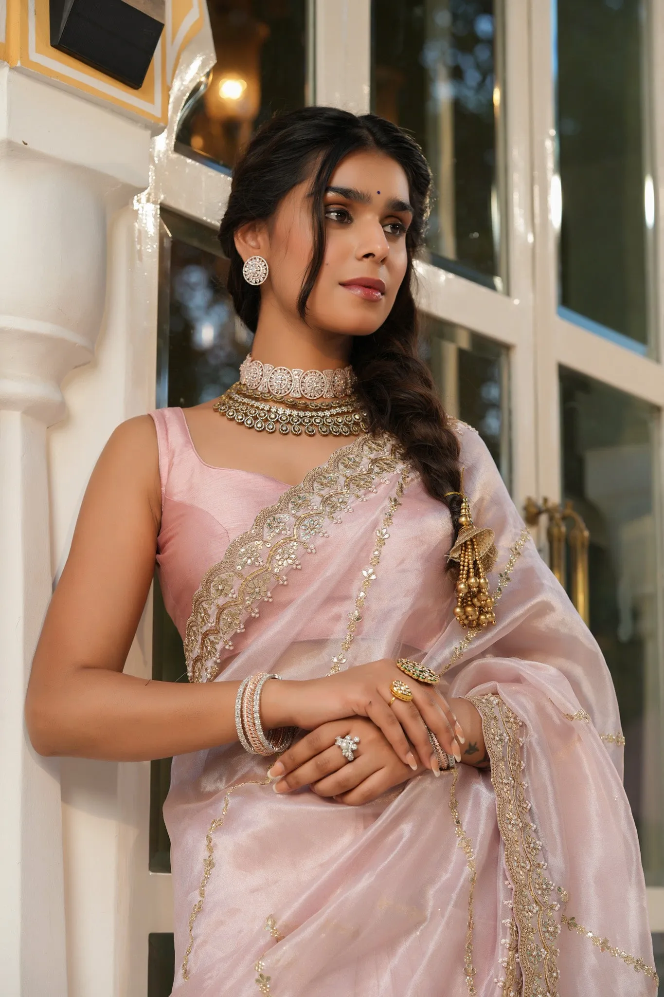 90Z736-RO Powder Pink Embroidered Organza Silk Saree