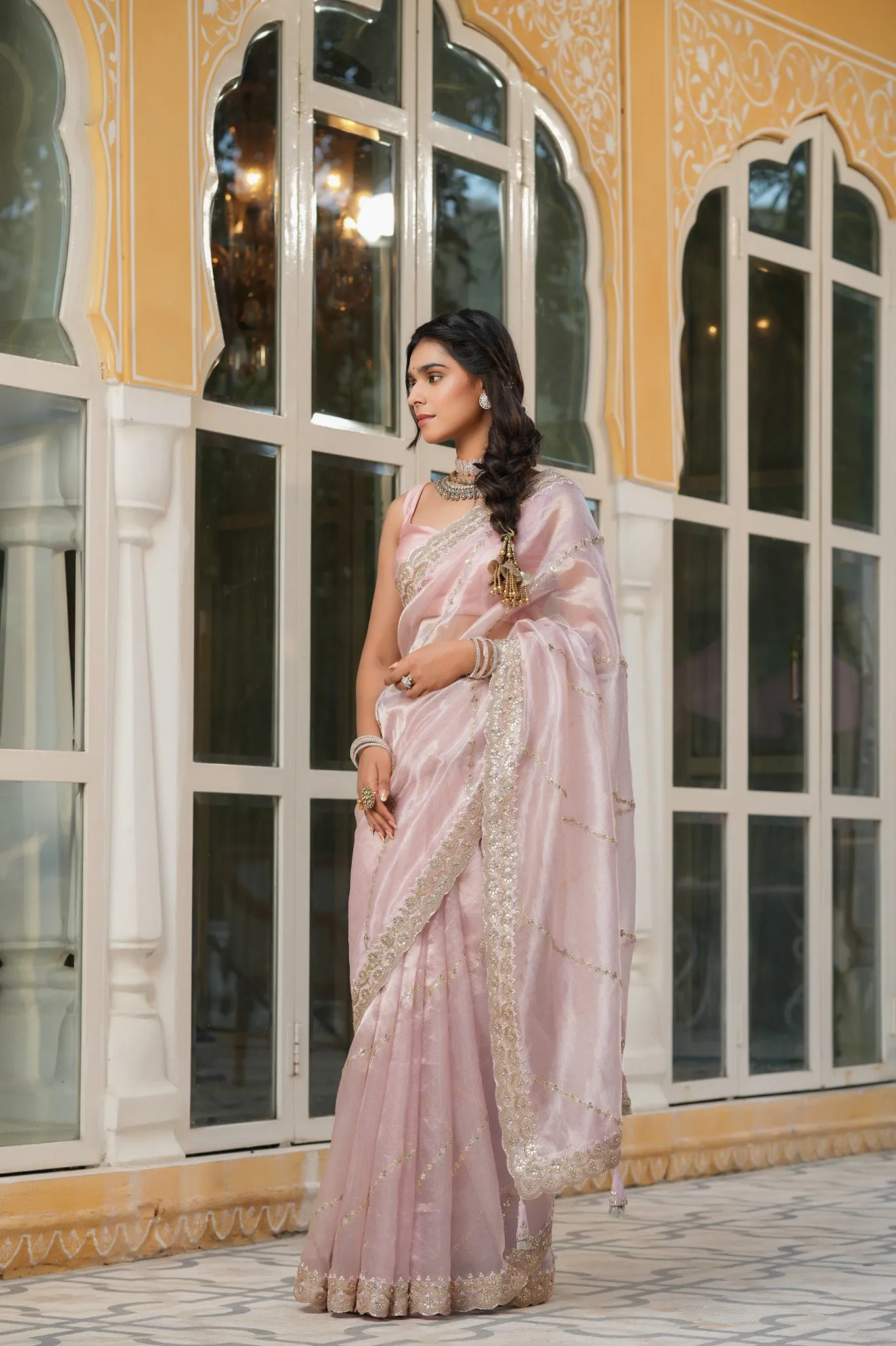 90Z736-RO Powder Pink Embroidered Organza Silk Saree