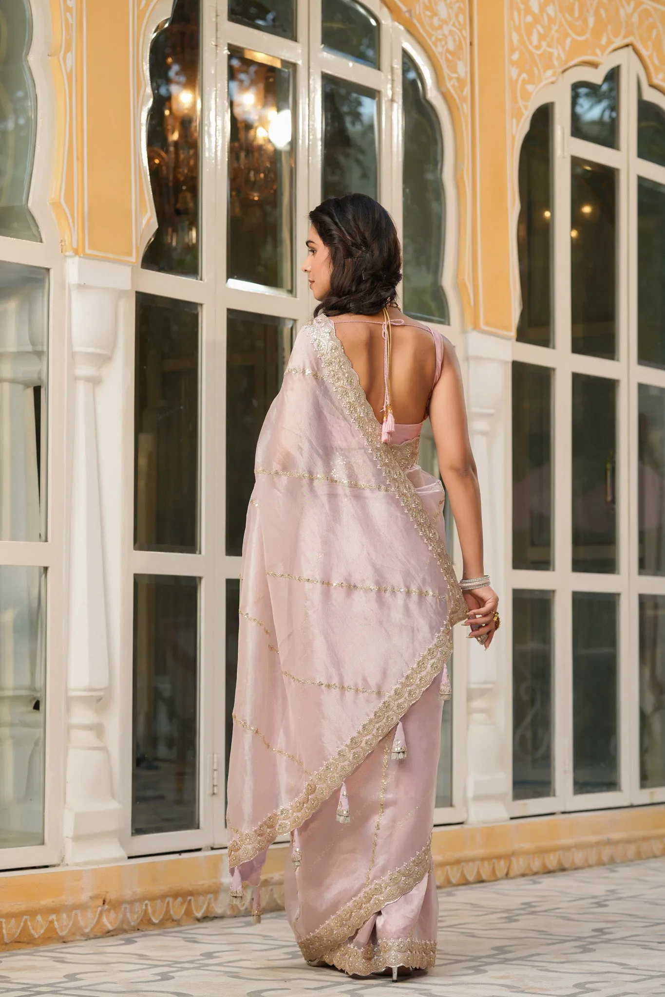 90Z736-RO Powder Pink Embroidered Organza Silk Saree