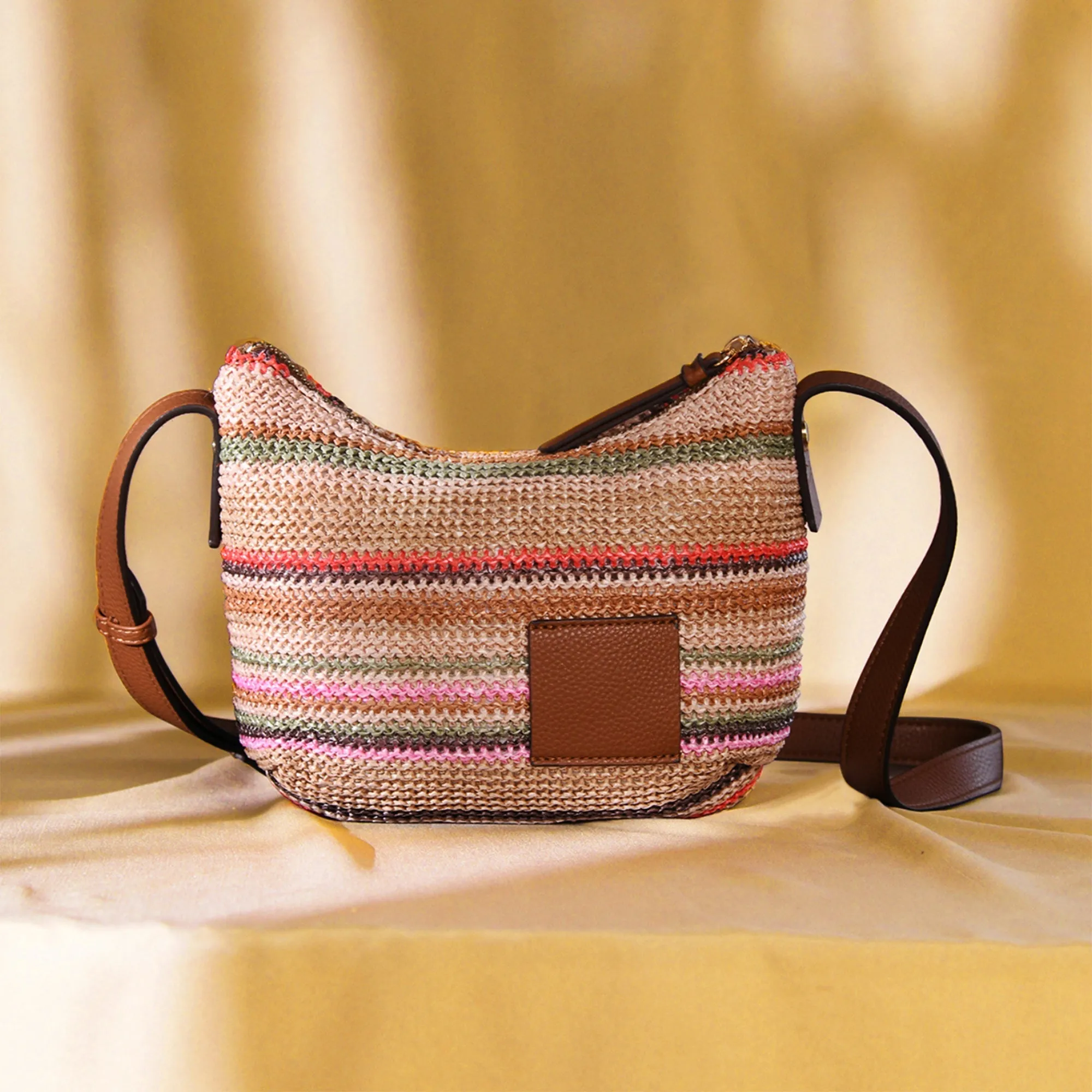 Accessorize London Women's Brown Stripe Raffia Woven Sling Bag