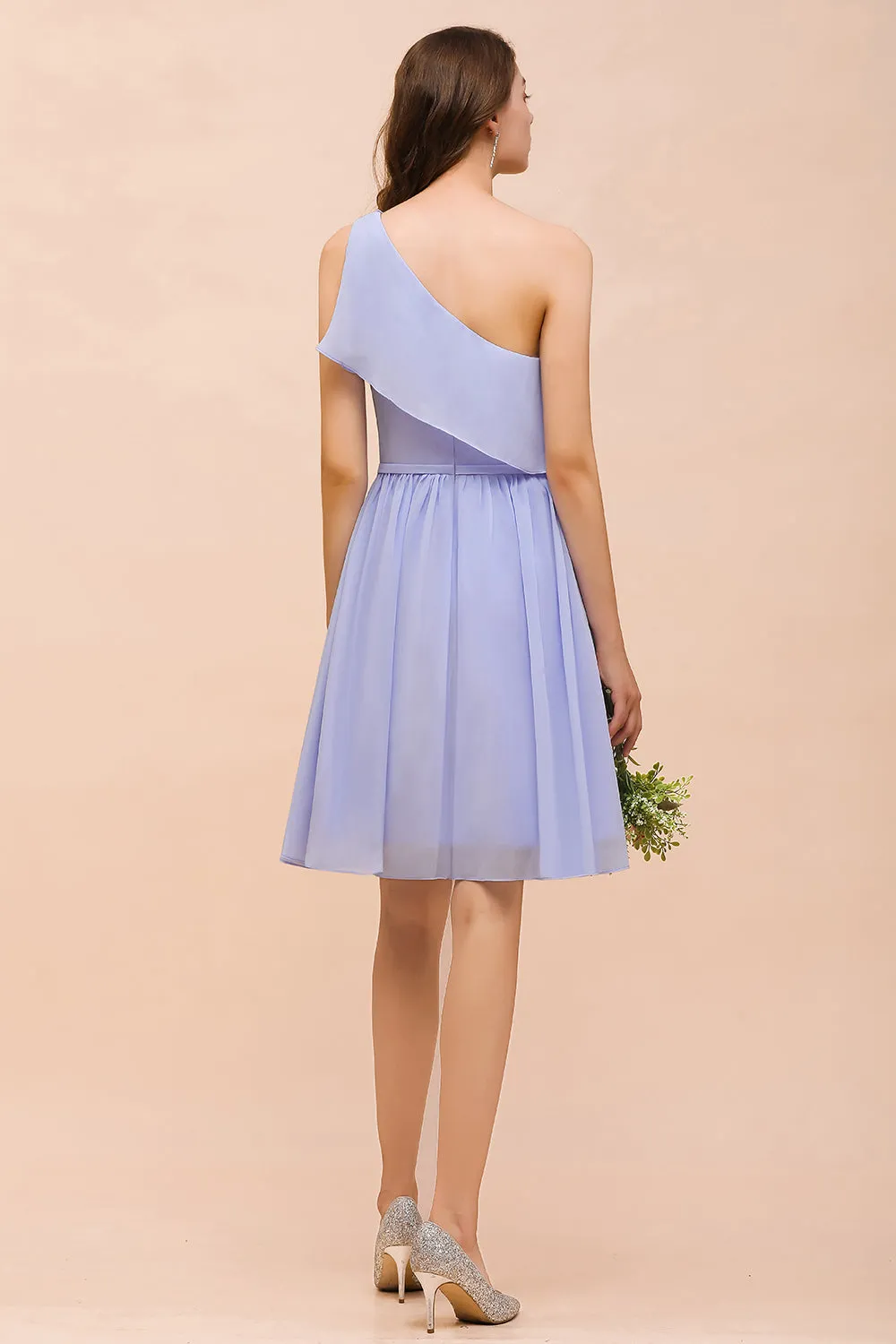 Affordable Short A-line One Shoulder Ruffle Chiffon Lavender Bridesmaid Dress