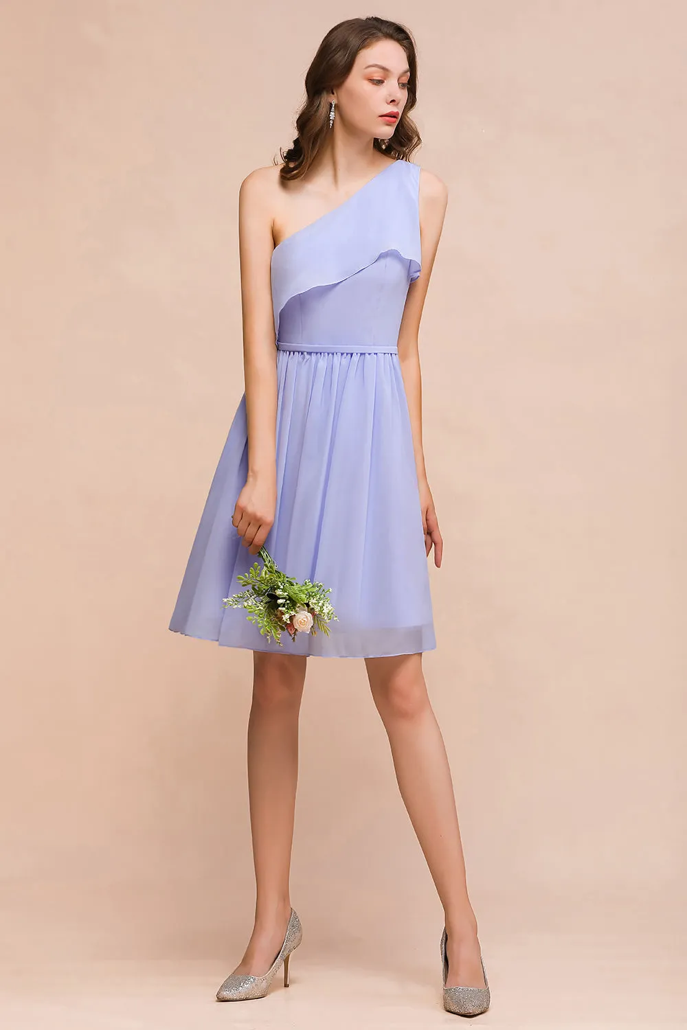 Affordable Short A-line One Shoulder Ruffle Chiffon Lavender Bridesmaid Dress