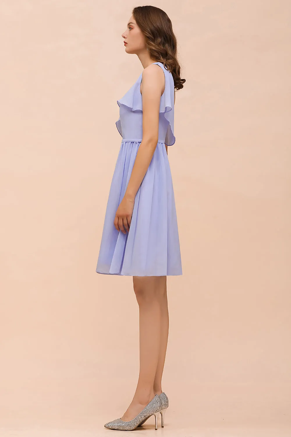 Affordable Short A-line One Shoulder Ruffle Chiffon Lavender Bridesmaid Dress