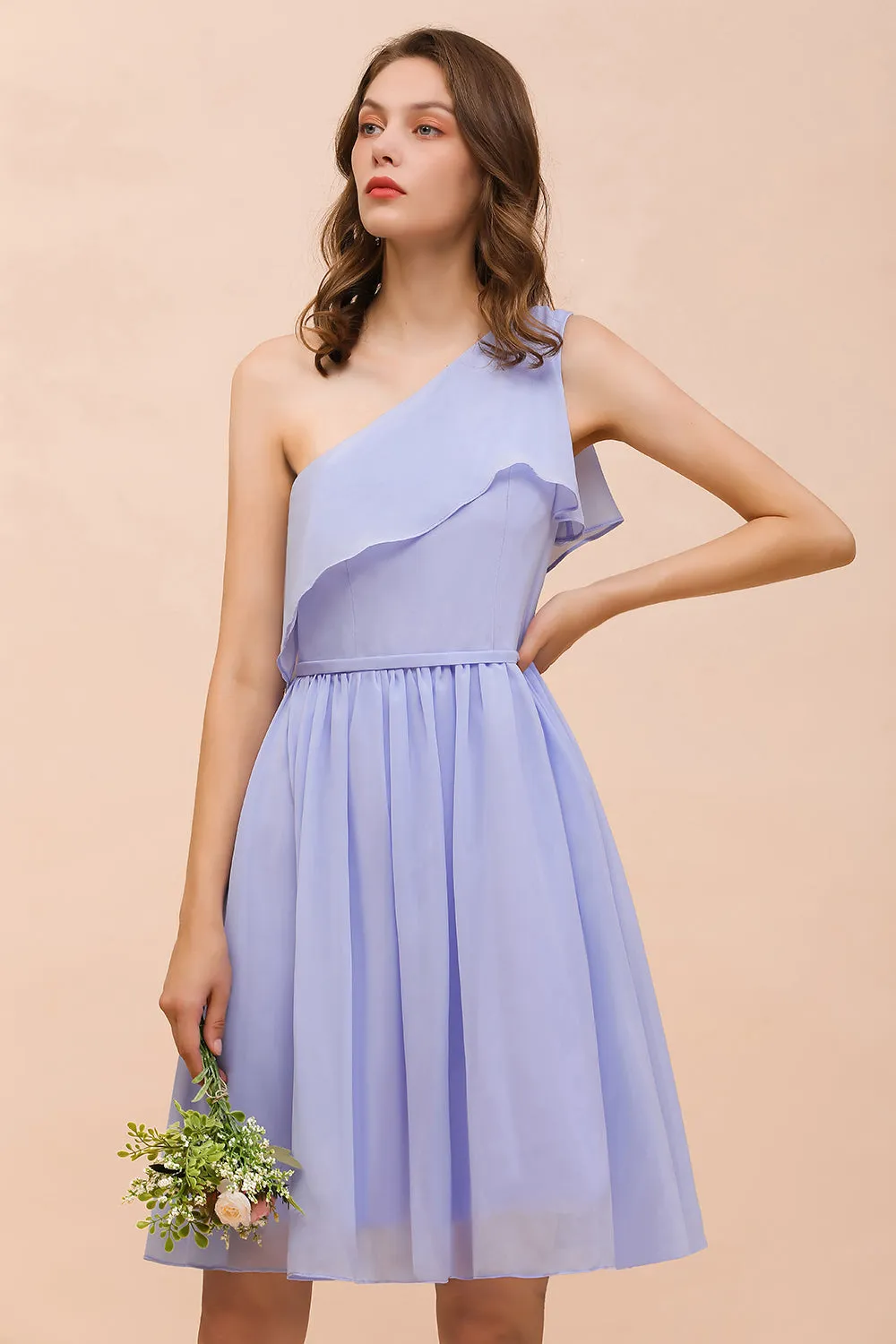 Affordable Short A-line One Shoulder Ruffle Chiffon Lavender Bridesmaid Dress