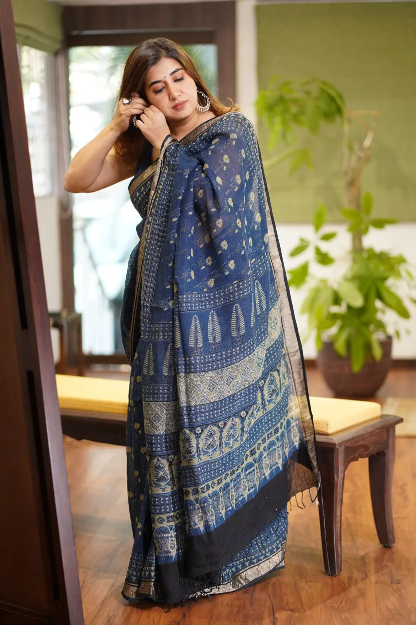 Ajrakh Hand Block Printed Linen Saree