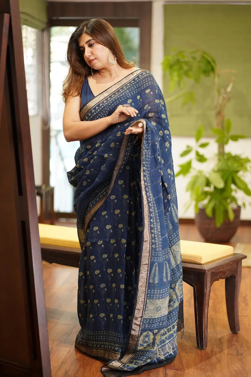 Ajrakh Hand Block Printed Linen Saree