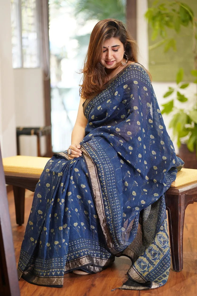 Ajrakh Hand Block Printed Linen Saree