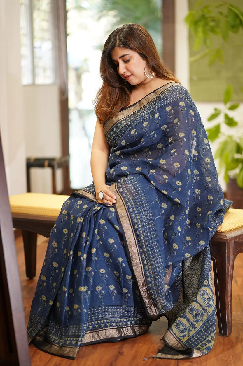 Ajrakh Hand Block Printed Linen Saree