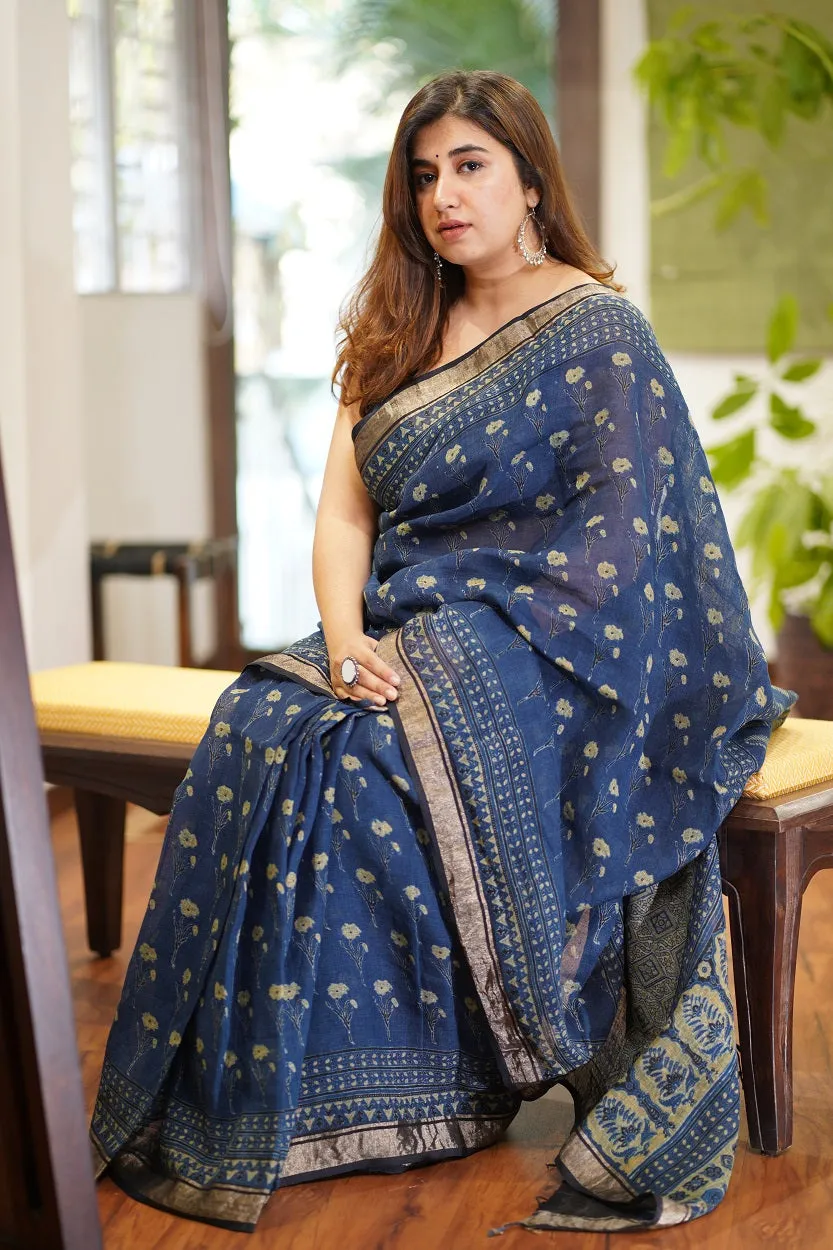 Ajrakh Hand Block Printed Linen Saree