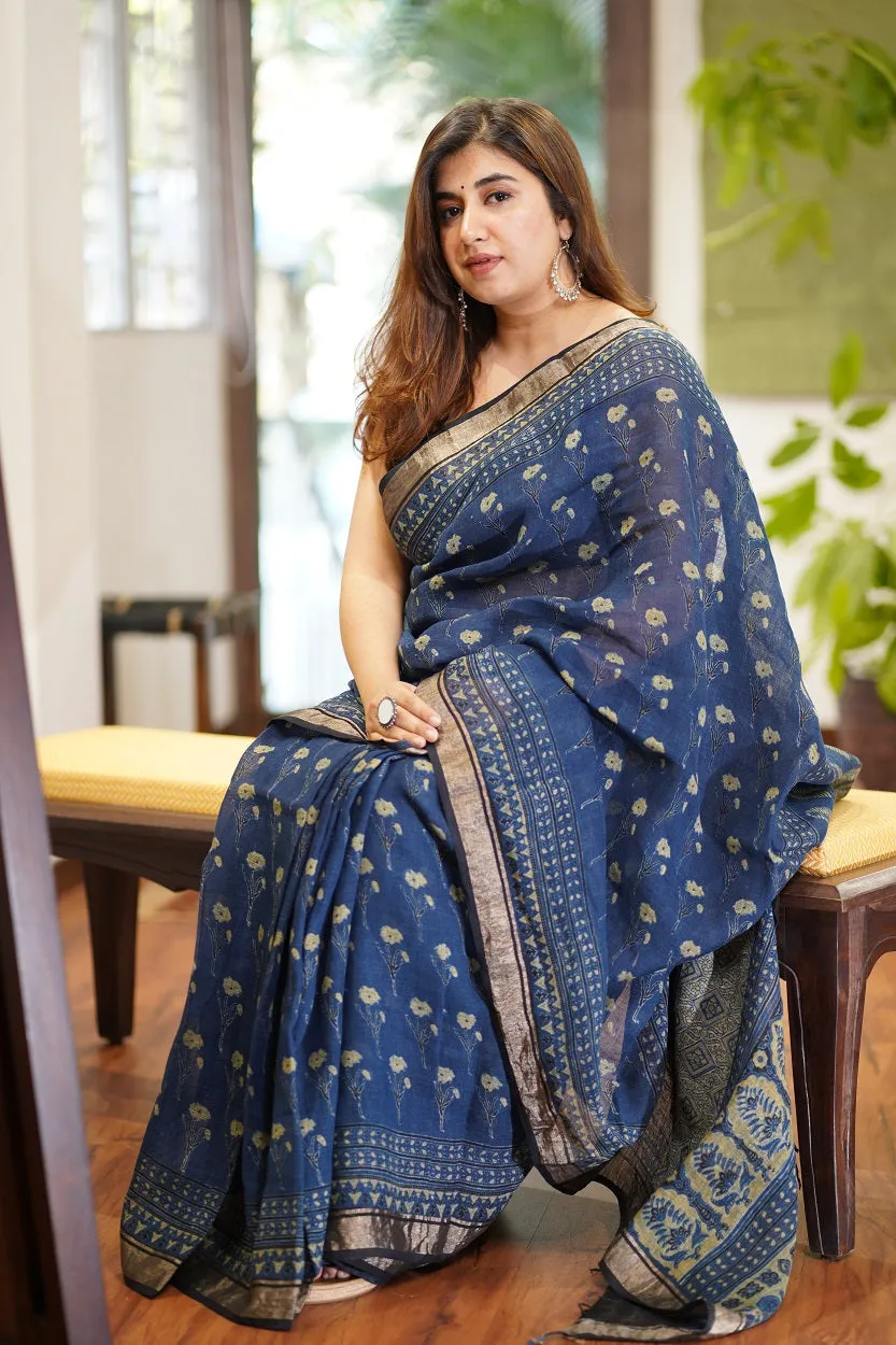 Ajrakh Hand Block Printed Linen Saree