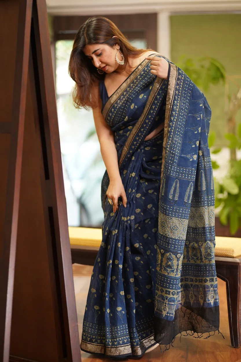 Ajrakh Hand Block Printed Linen Saree