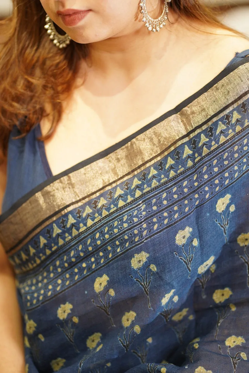 Ajrakh Hand Block Printed Linen Saree