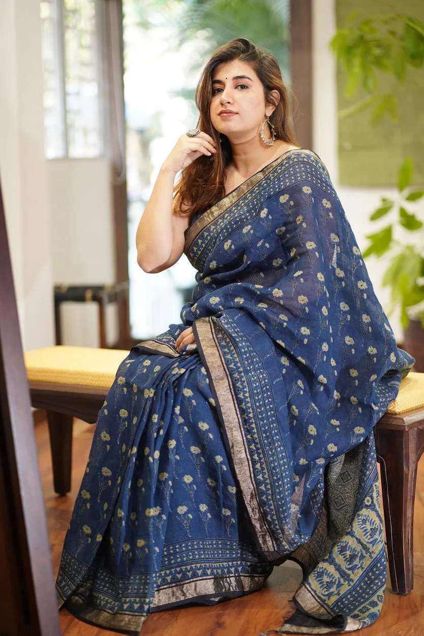 Ajrakh Hand Block Printed Linen Saree