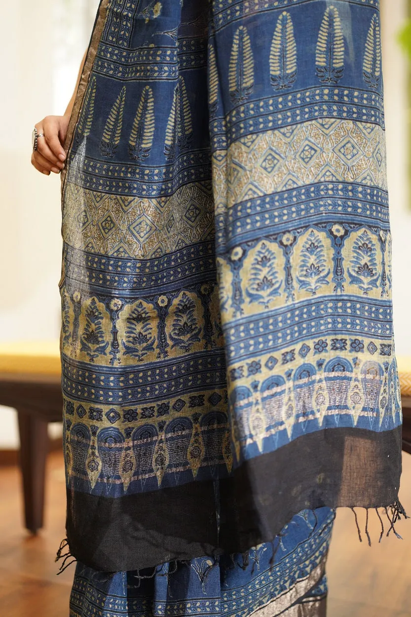 Ajrakh Hand Block Printed Linen Saree