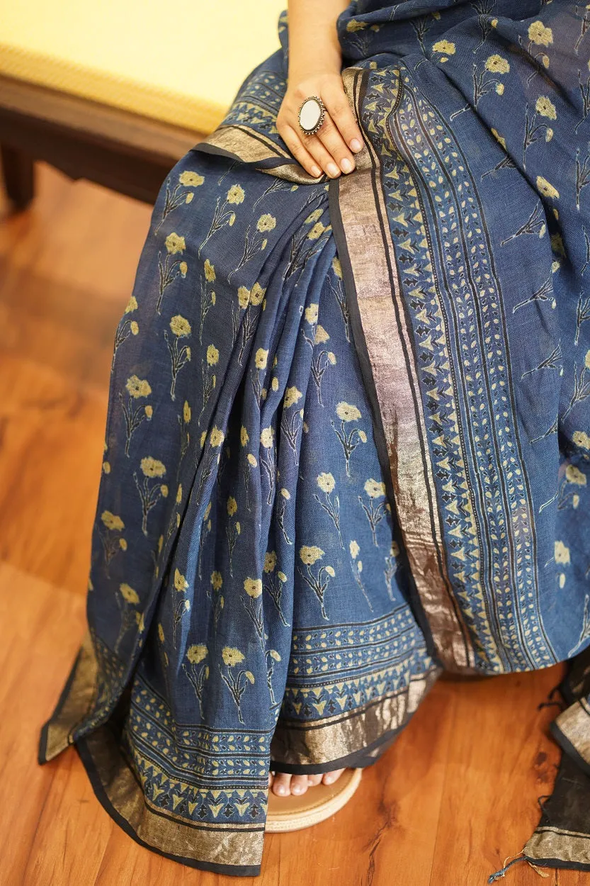 Ajrakh Hand Block Printed Linen Saree