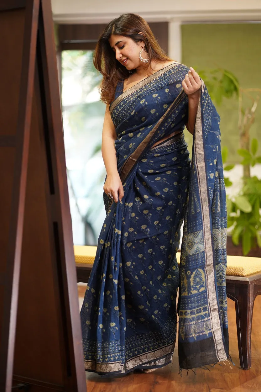 Ajrakh Hand Block Printed Linen Saree