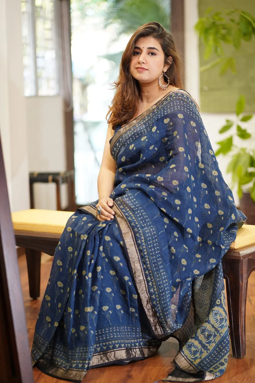 Ajrakh Hand Block Printed Linen Saree