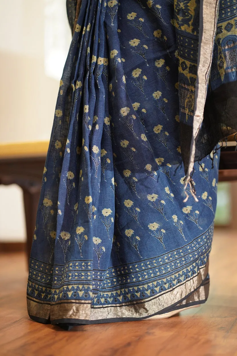 Ajrakh Hand Block Printed Linen Saree