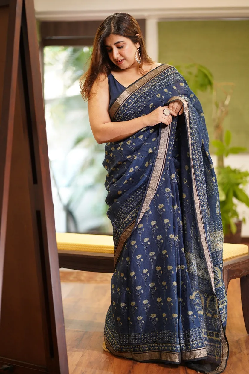 Ajrakh Hand Block Printed Linen Saree