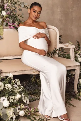 Amal | White Bardot Wrap Neckline Maternity Maxi Dress