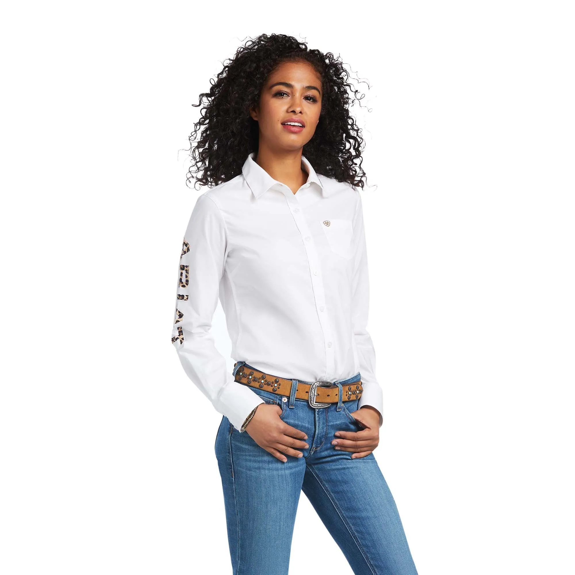 Ariat Women's Team Kirby Stretch Shirt, White with Leopard