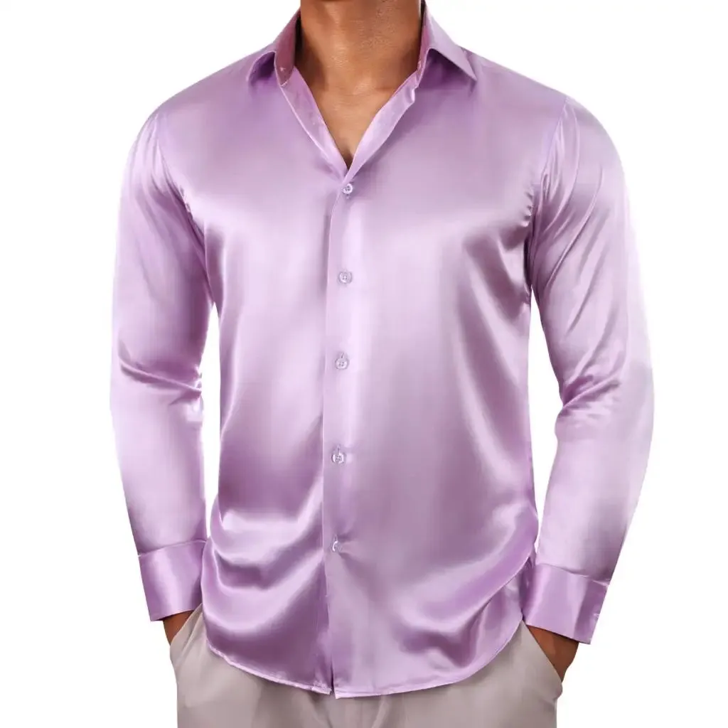 Barry Wang Shirts Men's Long Sleeve Silk Solid Satin Red Green Blue Pink Purple Gold Casual Blouses Luxury Clothing