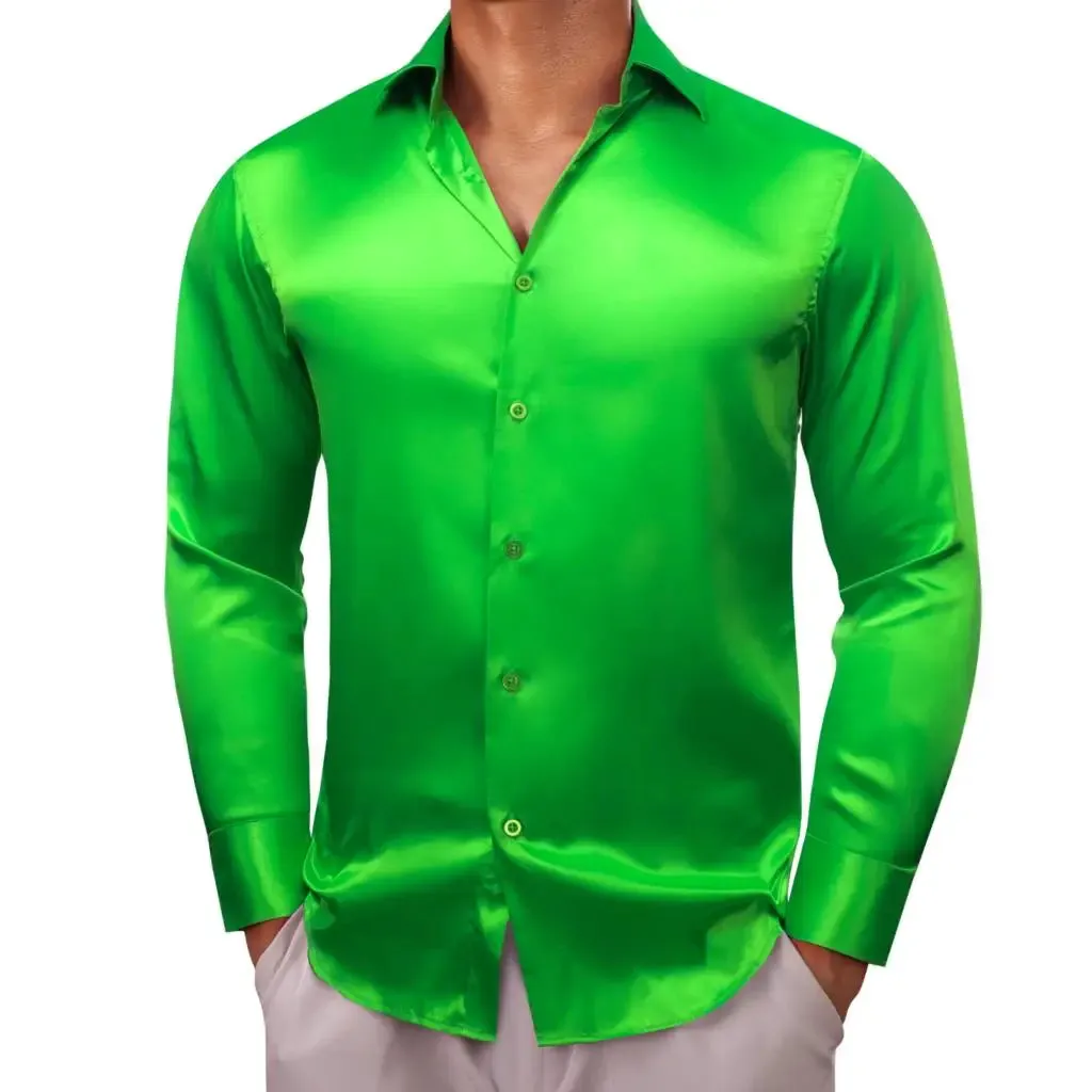 Barry Wang Shirts Men's Long Sleeve Silk Solid Satin Red Green Blue Pink Purple Gold Casual Blouses Luxury Clothing