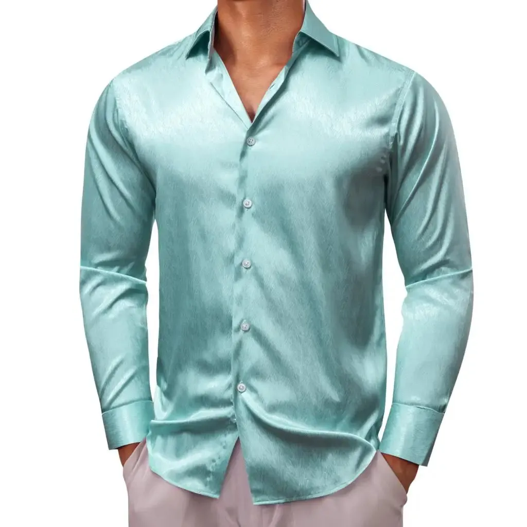 Barry Wang Shirts Men's Long Sleeve Silk Solid Satin Red Green Blue Pink Purple Gold Casual Blouses Luxury Clothing