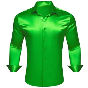 Barry Wang Shirts Men's Long Sleeve Silk Solid Satin Red Green Blue Pink Purple Gold Casual Blouses Luxury Clothing