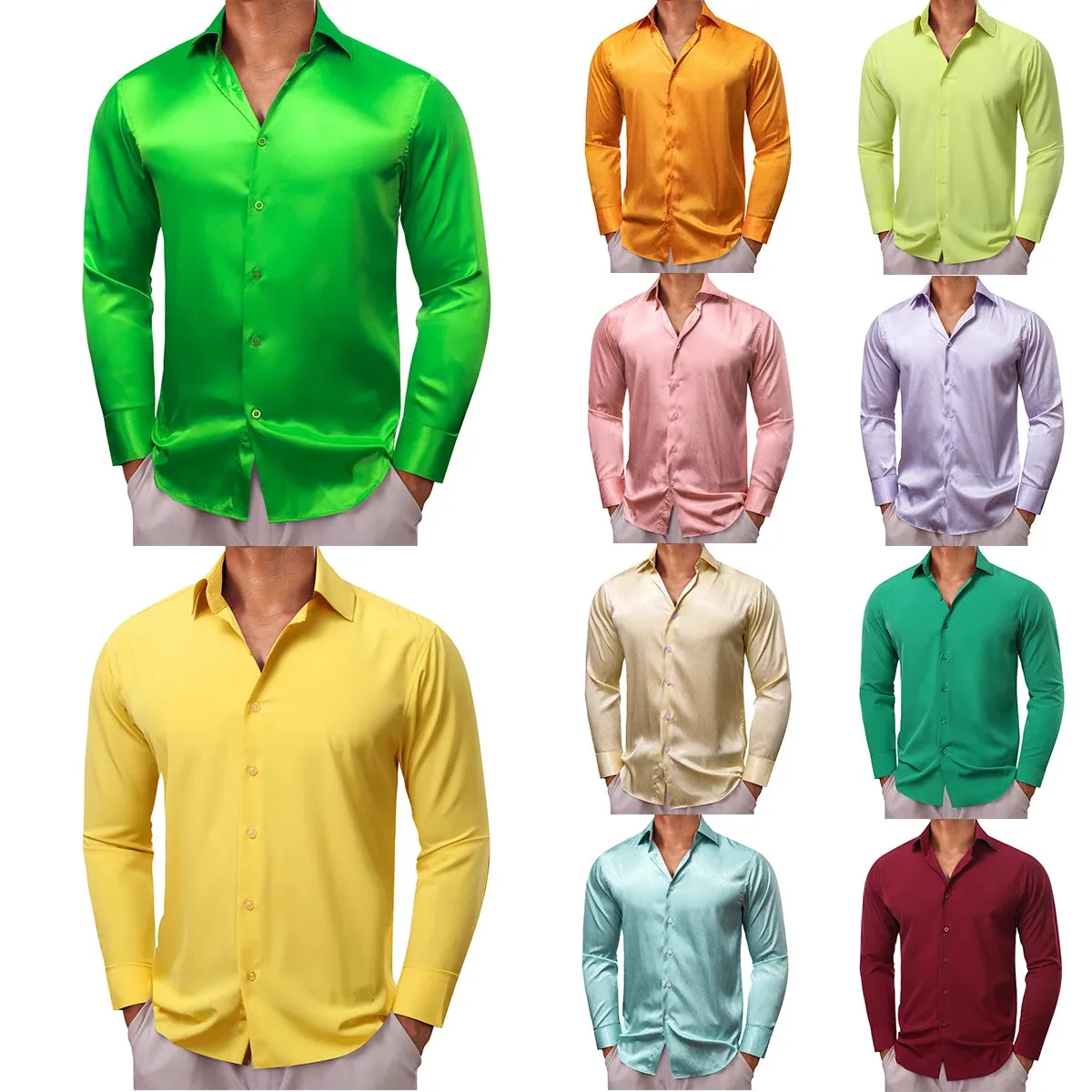 Barry Wang Shirts Men's Long Sleeve Silk Solid Satin Red Green Blue Pink Purple Gold Casual Blouses Luxury Clothing