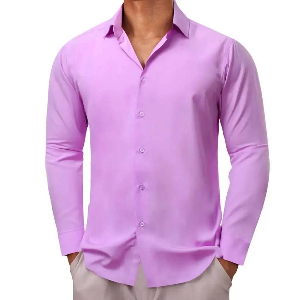 Barry Wang Shirts Men's Long Sleeve Silk Solid Satin Red Green Blue Pink Purple Gold Casual Blouses Luxury Clothing