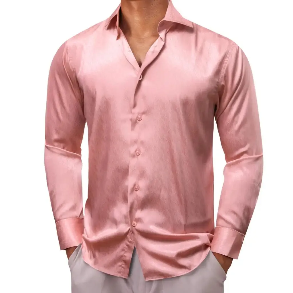 Barry Wang Shirts Men's Long Sleeve Silk Solid Satin Red Green Blue Pink Purple Gold Casual Blouses Luxury Clothing