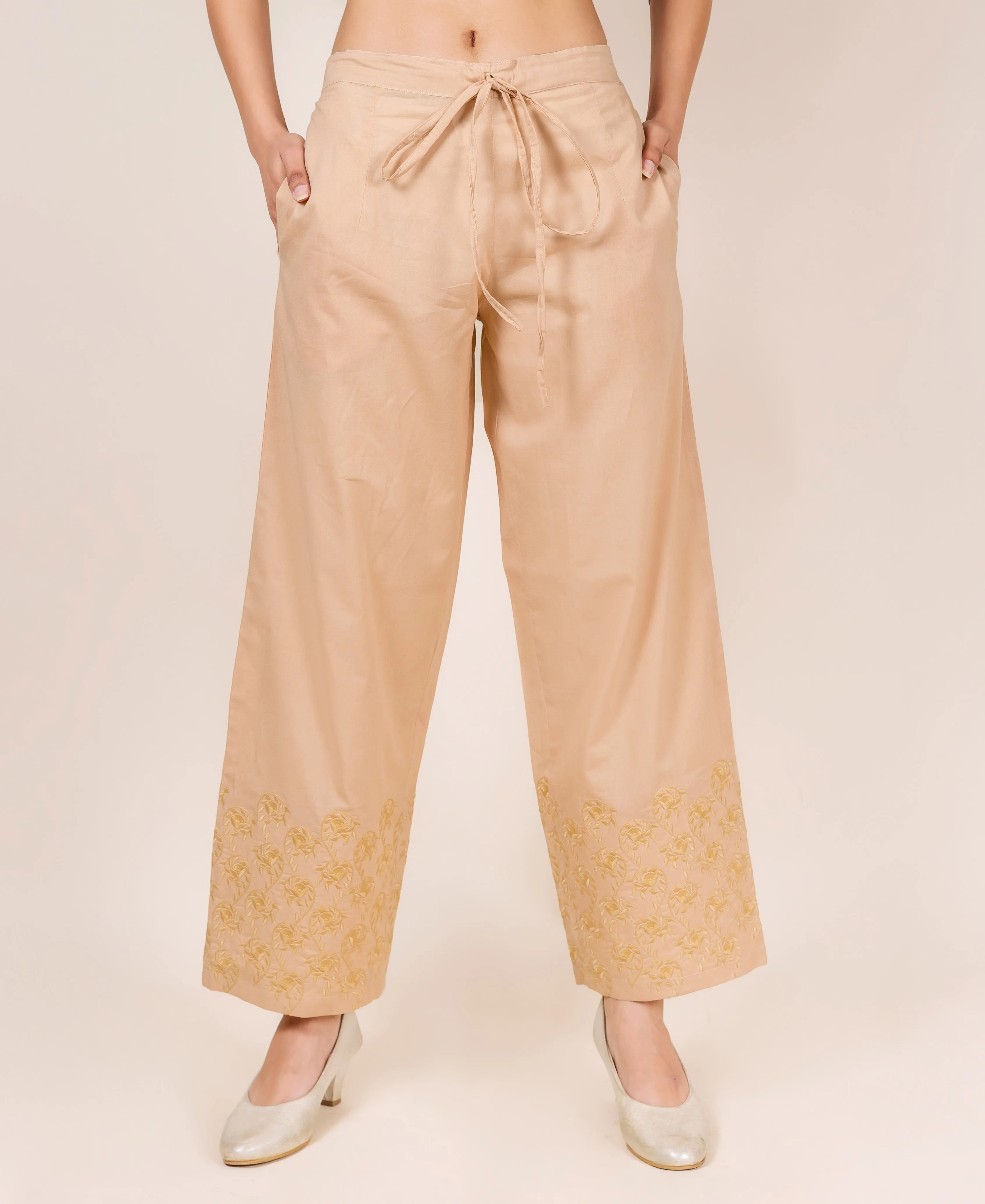 Beige Embroidered Solid Palazzo Pants