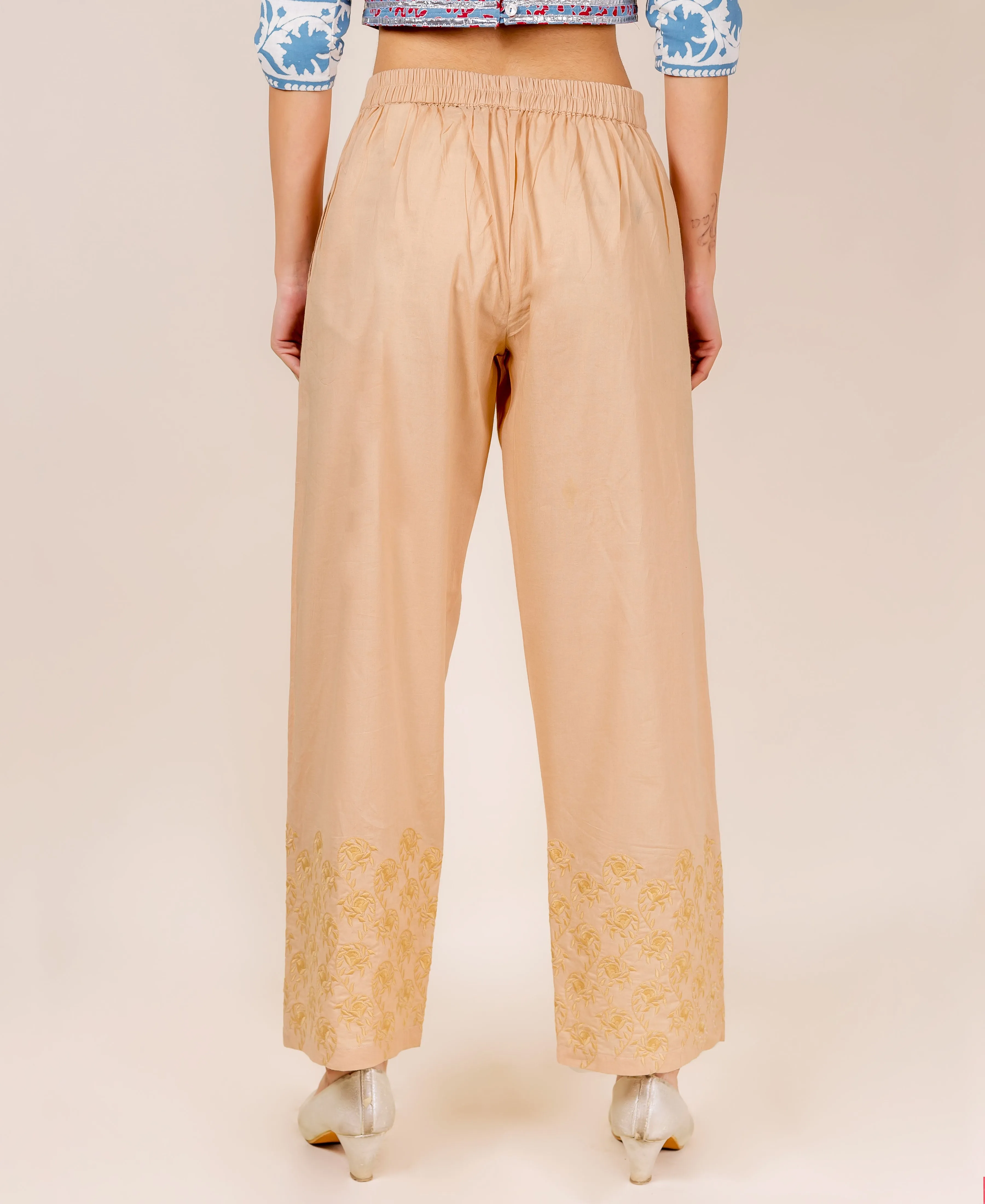 Beige Embroidered Solid Palazzo Pants