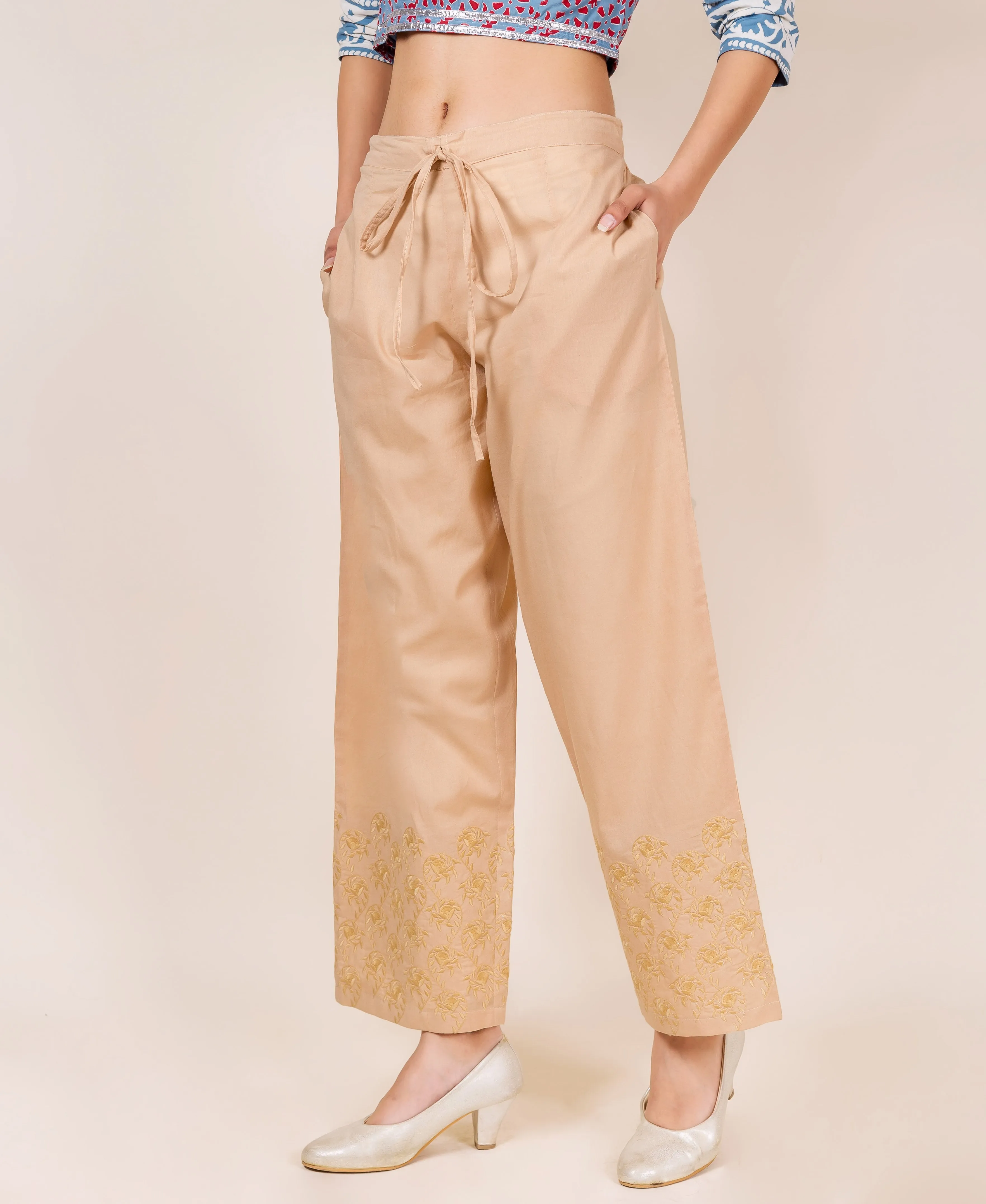 Beige Embroidered Solid Palazzo Pants