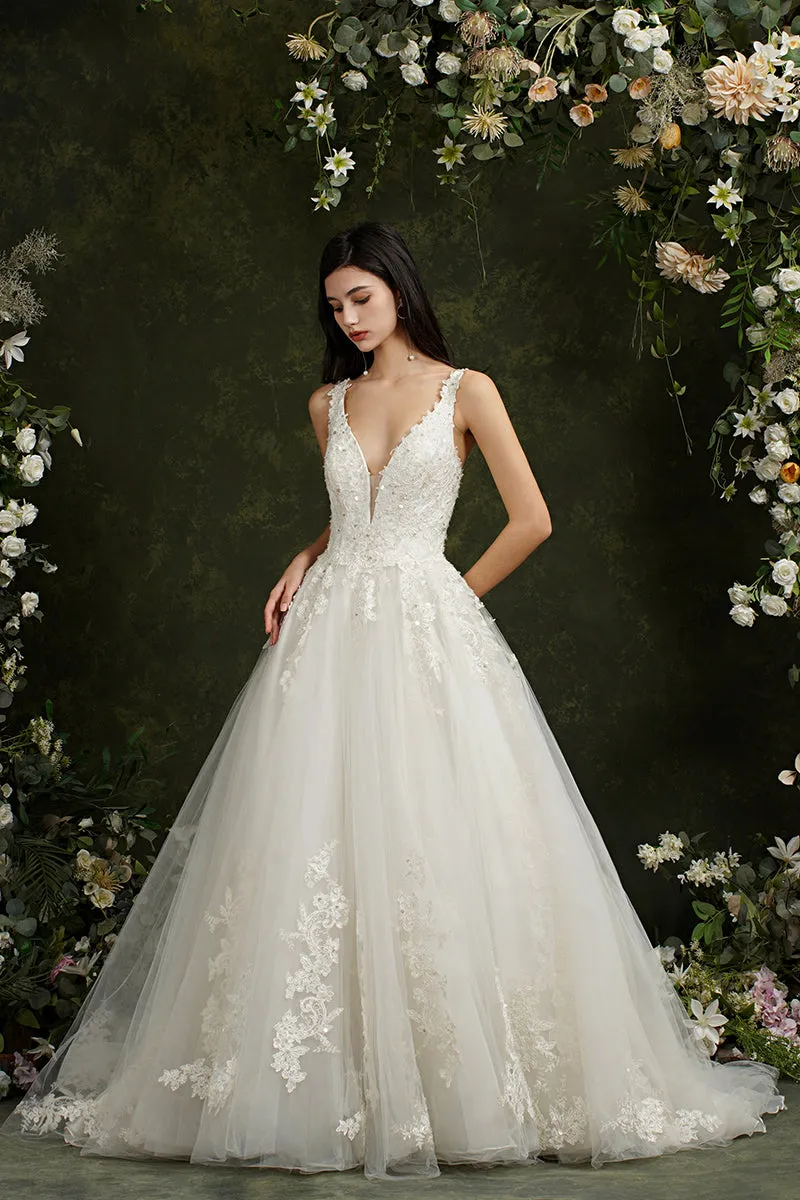 Biztunnel Long A-line V-neck Tulle Lace Backless Wedding Dresses