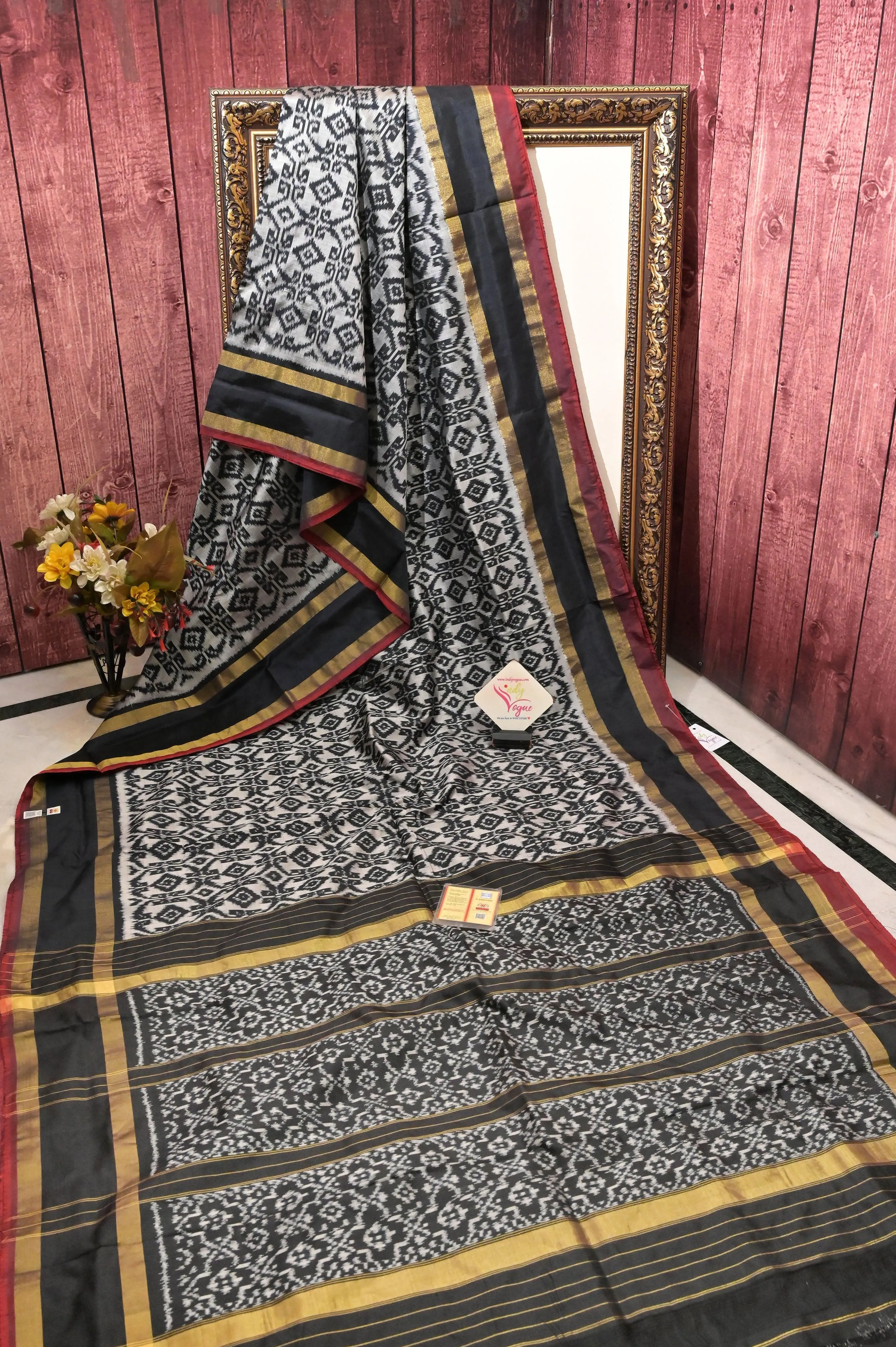 Black Color Pure Ikat Silk Saree